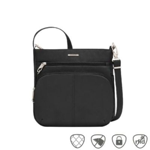 Black cross body bag with front pouch as well as mini slip zipper pocket