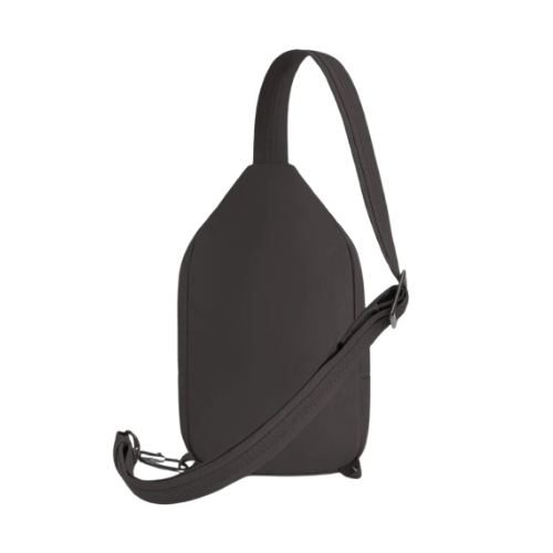 Back of Grey sling bag with an adjustable strap.