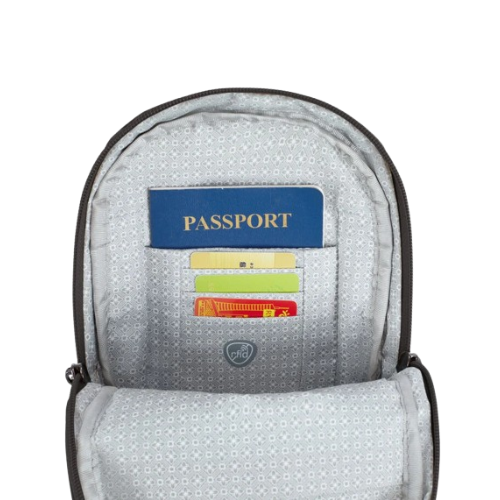 Interior of dark grey travel organizer sling bag with grey lining pockets for a passport and cards.