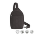 Grey sling bag with front zipper, anti-theft icons at bottom of image and adjustable strap.