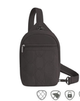 Grey sling bag with front zipper, anti-theft icons at bottom of image and adjustable strap.