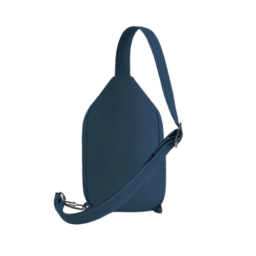 Back of ocean blue sling bag with an adjustable strap.