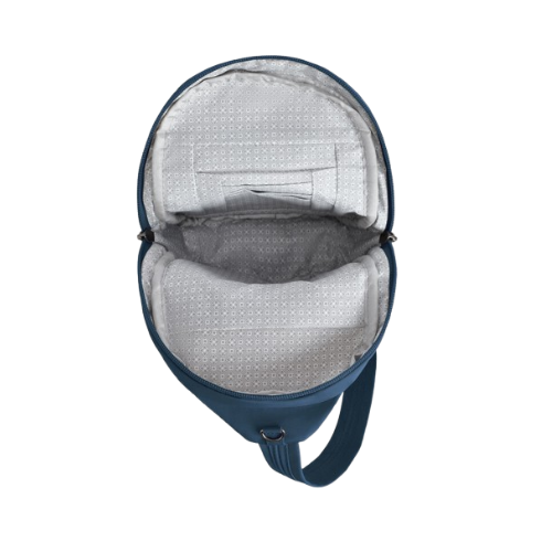 Interior of ocean blue travel organizer sling bag with grey lining pockets for a passport and cards.