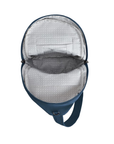 Interior of ocean blue travel organizer sling bag with grey lining pockets for a passport and cards.