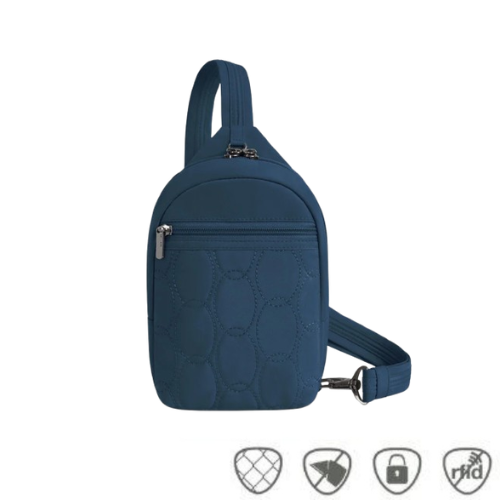 Ocean blue sling bag with front zipper, anti-theft icons at bottom of image and adjustable strap.