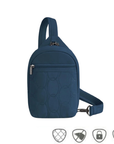 Ocean blue sling bag with front zipper, anti-theft icons at bottom of image and adjustable strap.