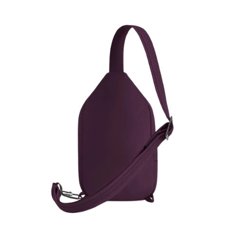 Back of plum sling bag with an adjustable strap.