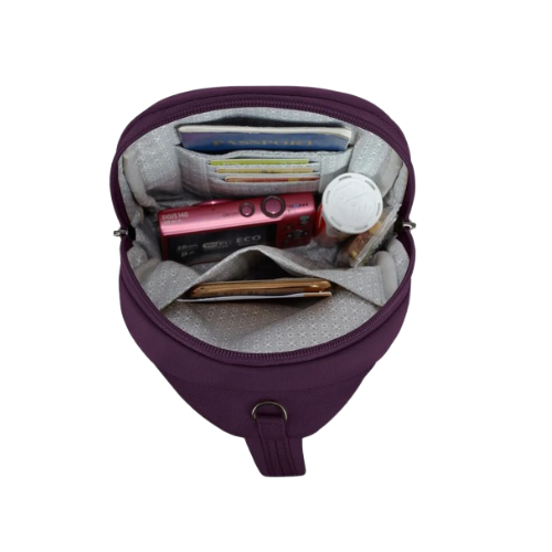 Interior of plum travel organizer sling bag with grey lining pockets for a passport and cards and other items.
