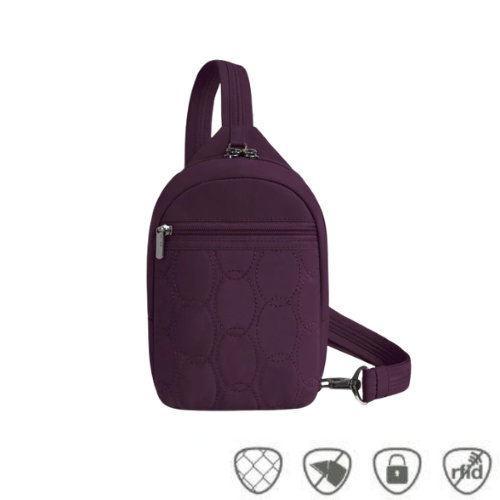 Plum sling bag with front zipper, anti-theft icons at bottom of image and adjustable strap.