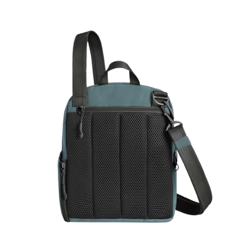 Slate Blue bag back with black mesh lining and black straps.