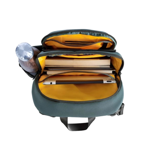 Open slate blue bag with yellow lining in all 4 compartments.