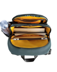Open slate blue bag with yellow lining in all 4 compartments.