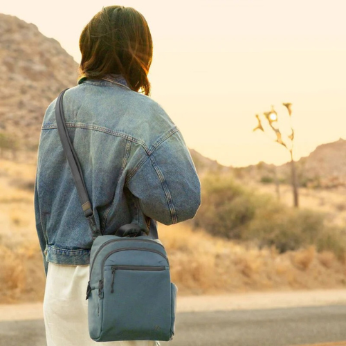 Person with a slate blue crossbody bag standing on a road in a desert landscape