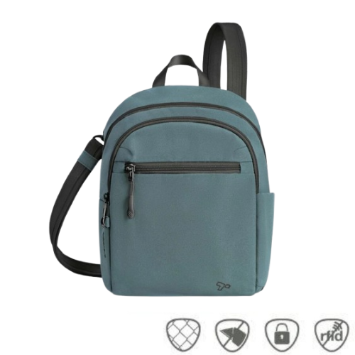 Slate blue backpack with black crossbody straps and anti-theft icons across bottom of image.
