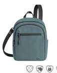 Slate blue backpack with black crossbody straps and anti-theft icons across bottom of image.