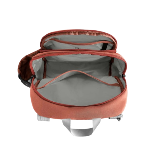 Open Terracotta orange bag with light grey lining in all 4 compartments.
