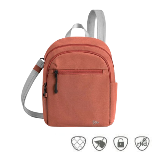 Terracotta Orange backpack with grey crossbody straps and anti-theft icons across bottom of image.