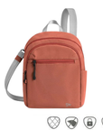 Terracotta Orange backpack with grey crossbody straps and anti-theft icons across bottom of image.