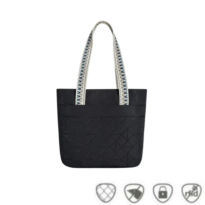 Black Travelon Anti-Theft Boho Tote with decorative woven handles and anti-theft icons, featured at Canadian Online Shoe Store.