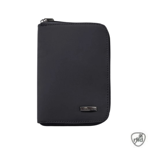 Black zippered wallet with Travelon and RFID symbol.