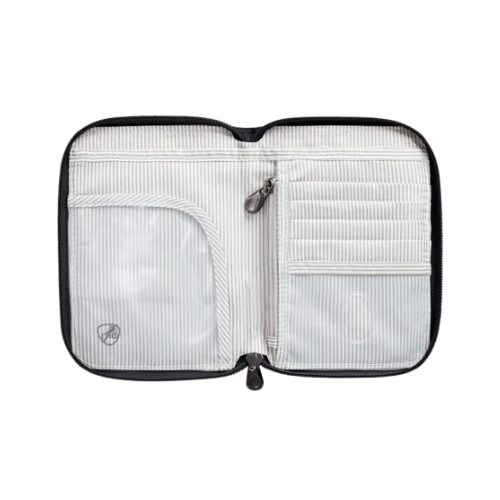Open wallet with white stripped card slots and inside zipper pocket.