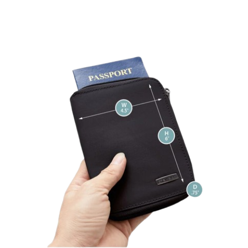 Black zippered wallet with Travelon logo, size measurements and passport inside.