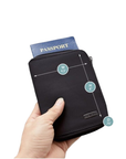 Black zippered wallet with Travelon logo, size measurements and passport inside.