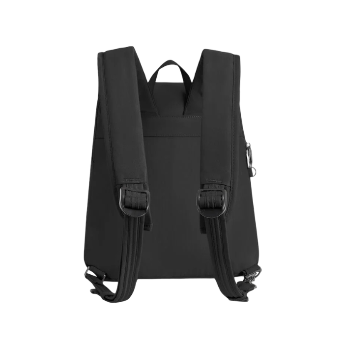 Black backpack from the back view, with padded shoulder straps with metal buckles and a top carry handle.