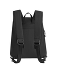 Black backpack from the back view, with padded shoulder straps with metal buckles and a top carry handle.