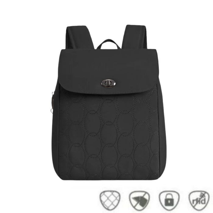 A black backpack with a quilted circular pattern, a dark silver metal turn clasp, loop for hanging and padded shoulder straps.