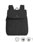 A black backpack with a quilted circular pattern, a dark silver metal turn clasp, loop for hanging and padded shoulder straps.