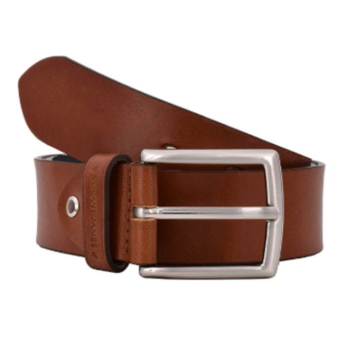 Brown leather belt with a silver  rounded square buckle.