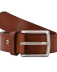 Brown leather belt with a silver  rounded square buckle.