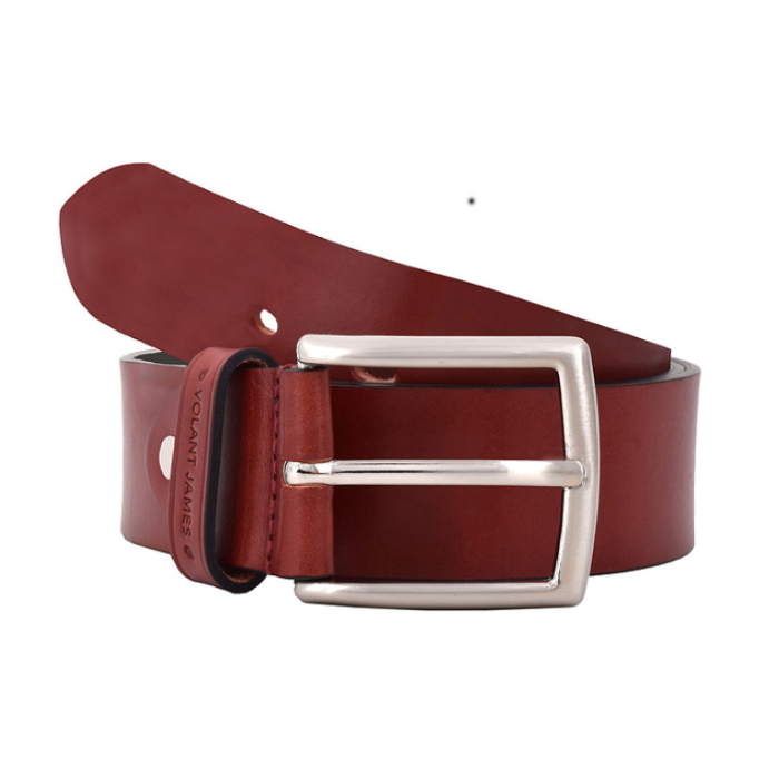 Burgundy leather belt with a silver  square buckle.