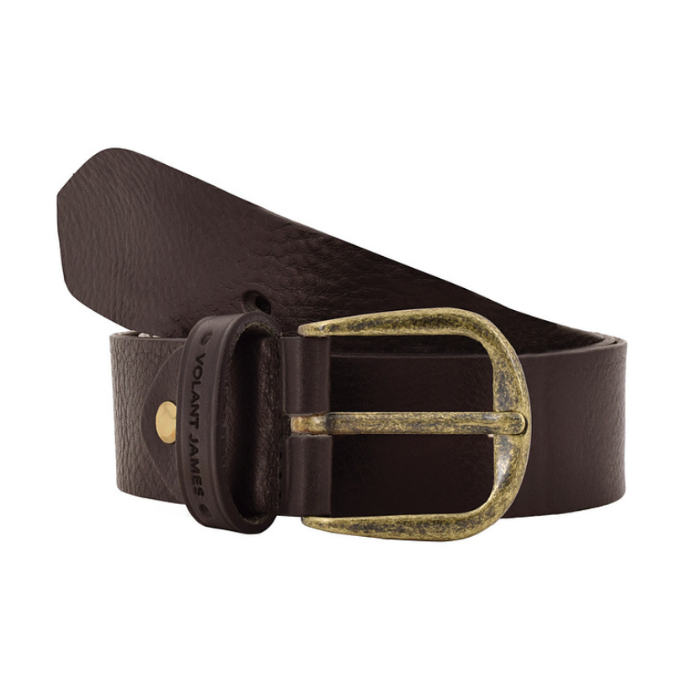 Dark Brown leather belt with brass buckle.