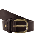 Dark Brown leather belt with brass buckle.