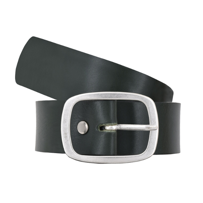 Dark green leather belt with a silver  rounded square buckle.
