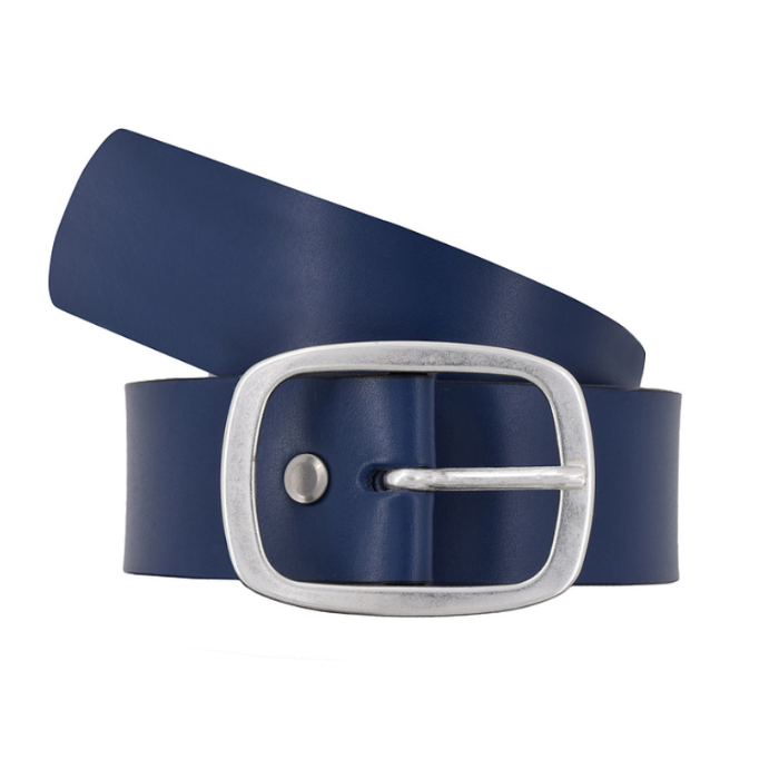 Navy blue leather belt with a silver  rounded square buckle.