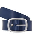 Navy blue leather belt with a silver  rounded square buckle.