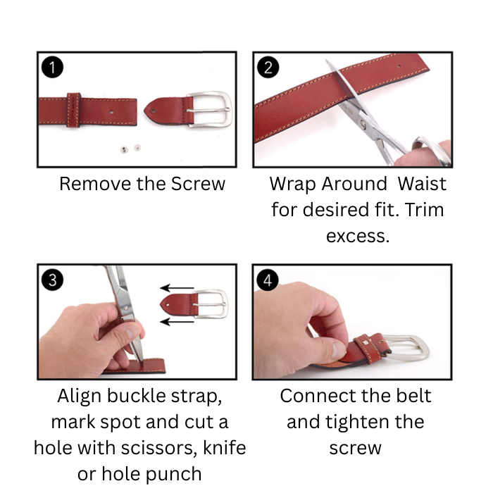 Instructions for adjusting a belt with text and images showing each step.