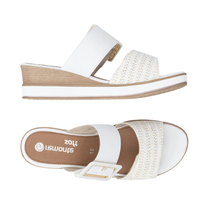Pair of White wedge slide sandals with a white buckle strap, gold accents, woven over-the-toe Velcro strap, tan Remonte logo'd footbed, white midsole and tan outsole.