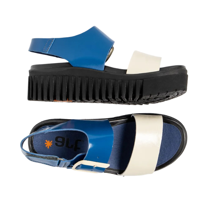 Pair of Blue and white backstrap sandals with blue Art logo'd footbed and a thick black ribbed outsole.