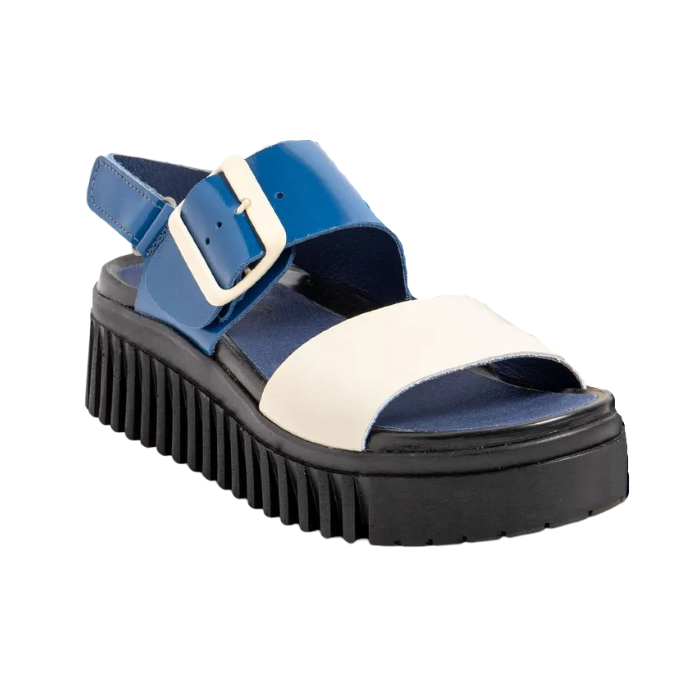 Blue and white backstrap sandal with a thick black ribbed outsole.