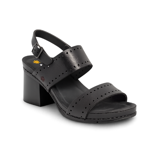 Black sandal with a block heel, perforated designs, and buckle backstrap.