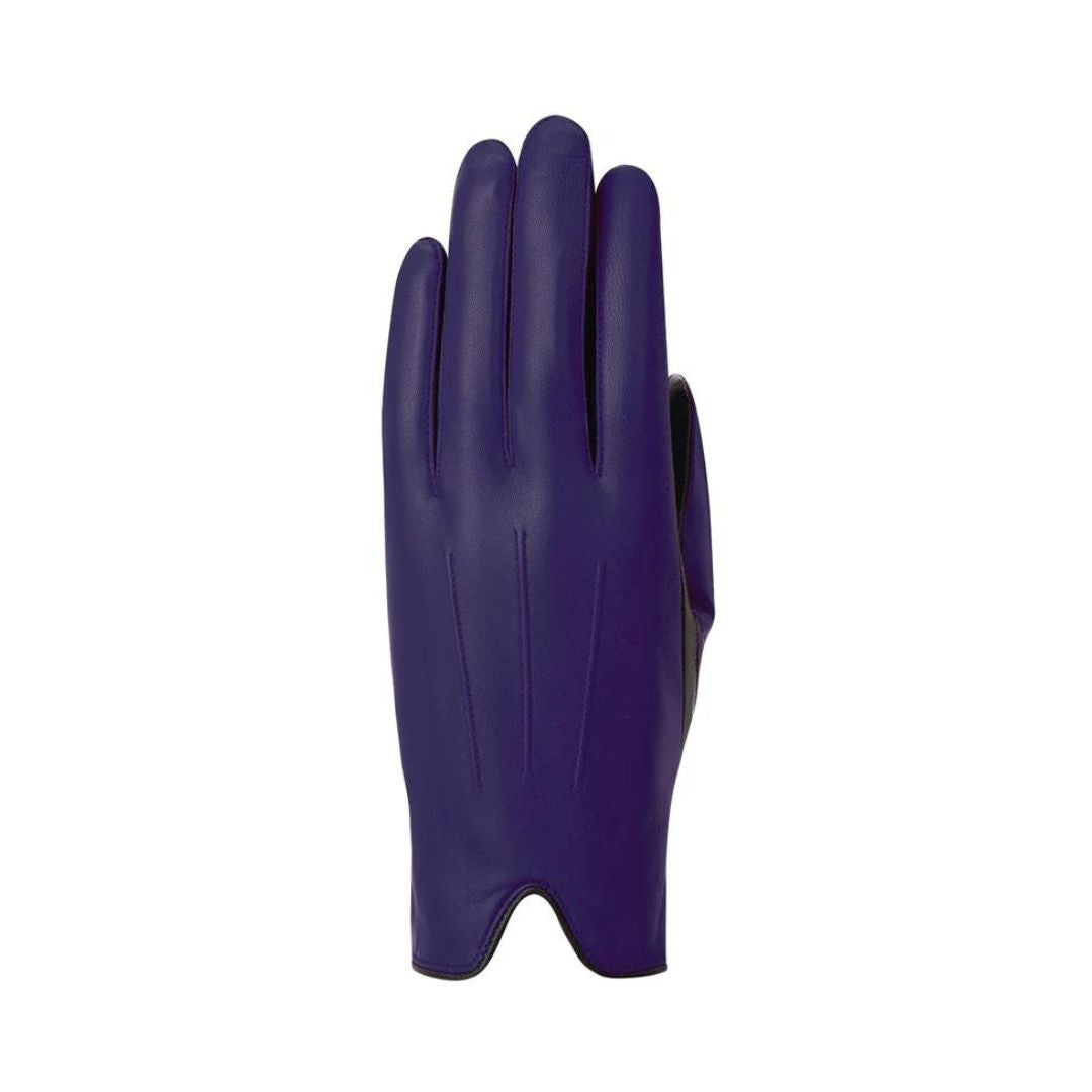 Top view of purple leather gloves with V shaped cutout at cuff. 