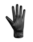 Palm side view of Faith leather gloves, which is done with black leather. 