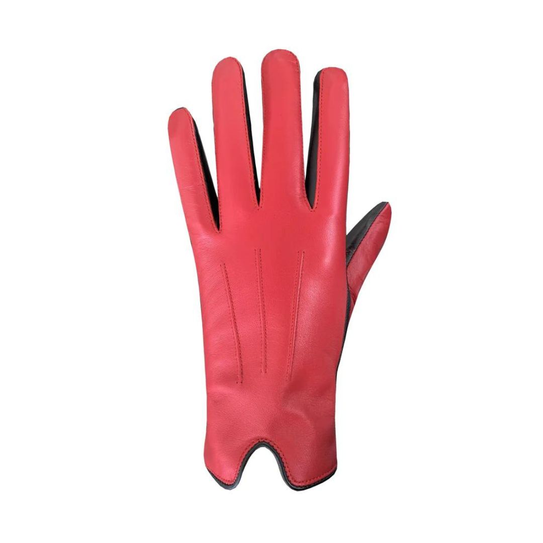 Top view of red leather gloves with V shaped cutout at cuff. 