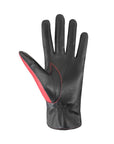 Palm side view of Faith leather gloves, this side is done in black leather with red stitching. 