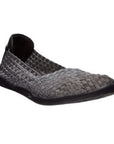Grey shimmer woven fabric upper with a bit of black near toe called Catwalk flat by Bernie Mev