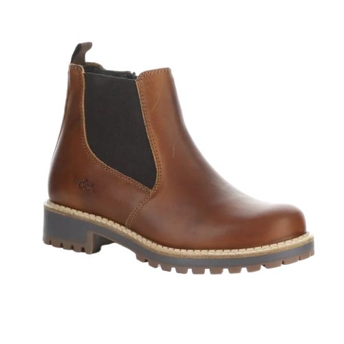 Brown leather Chelsea boot with brown elastic goring and brown outsole.